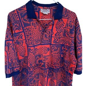 Vintage Back East Fishbones Aztec Pattern Polo Shirt Large Orange Blue 90s